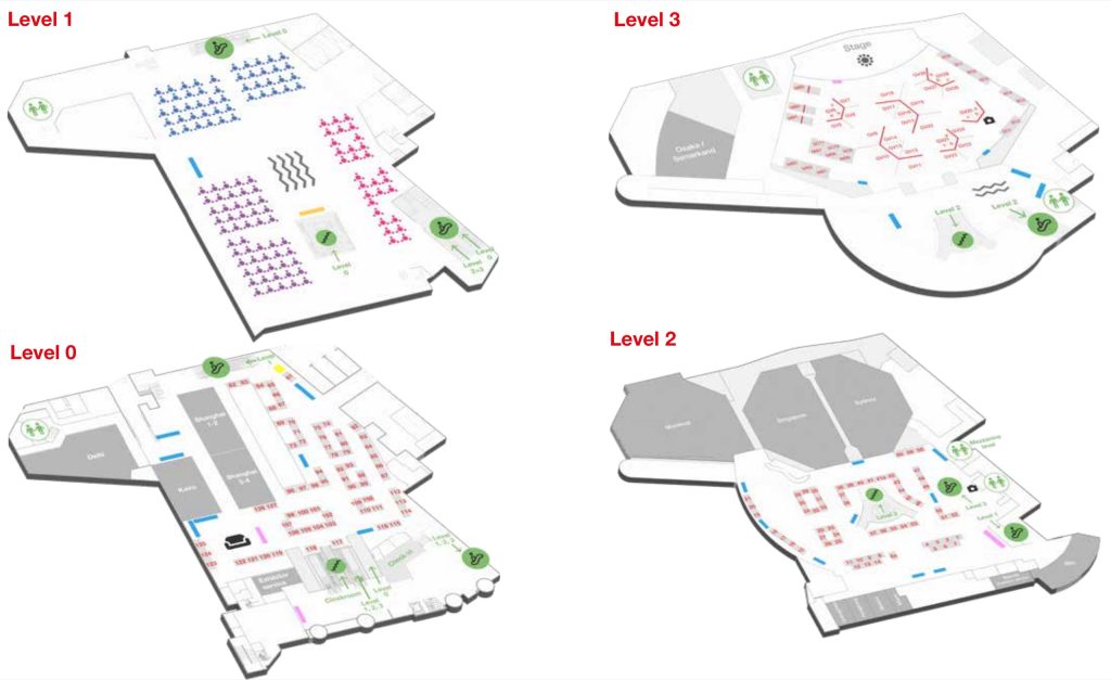 Floor plan of the Swiss Biotech Day 2026 in the Congress Center Basel, levels 0 to 3 with exhibition booths, partnering tables and session rooms