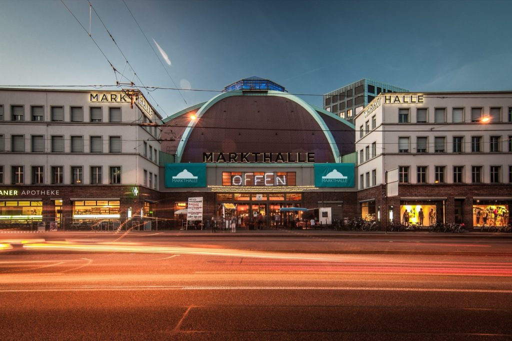 The Markthalle Basel at dusk