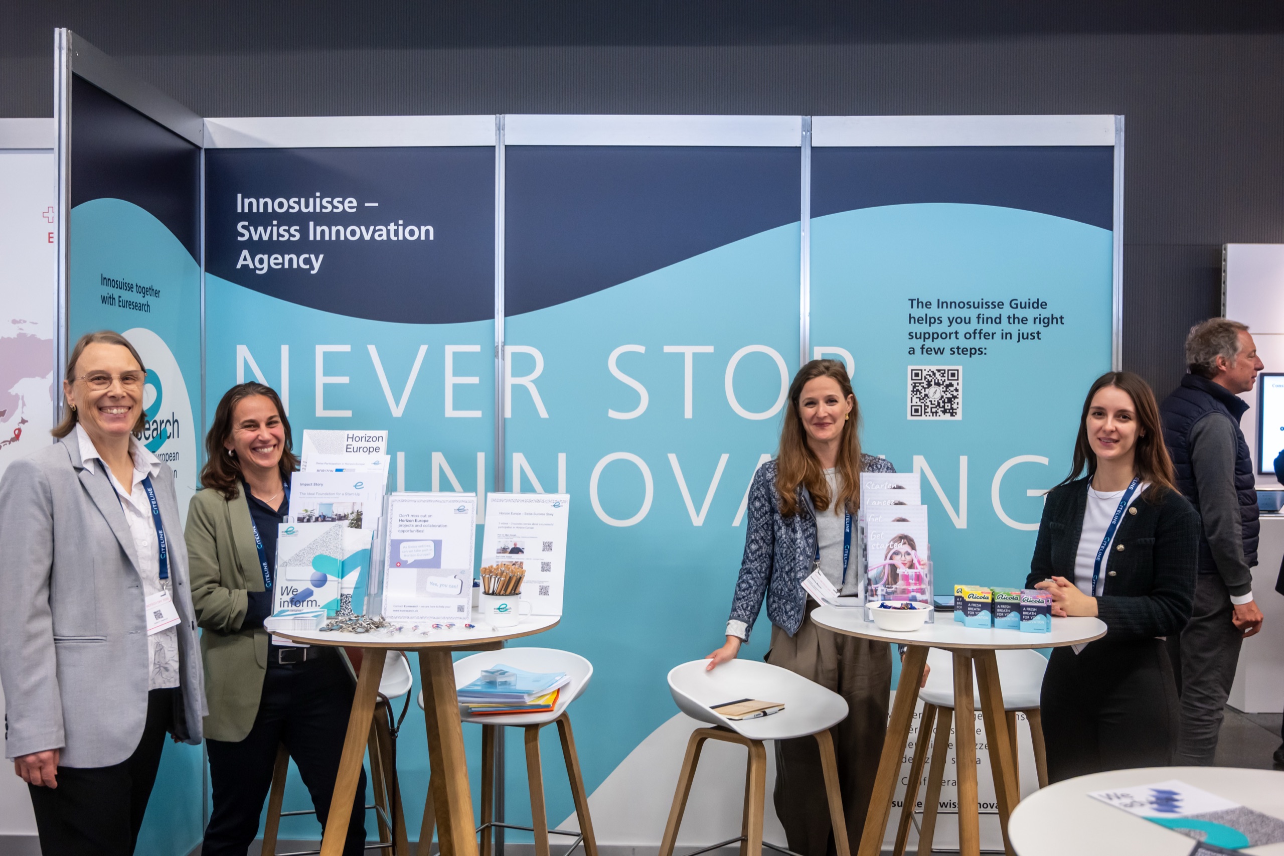 The Innosuisse team at their mentoring booth at the Swiss Biotech Day 2026, under the words Never stop innovating