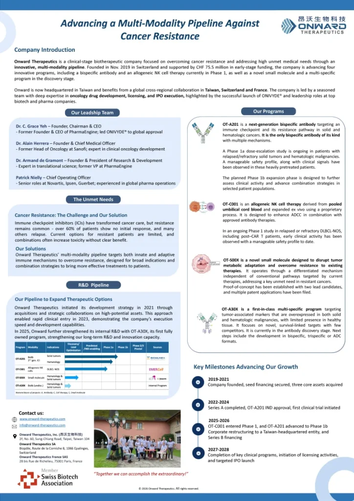 Poster by Onward Therapeutics on its multi-modality oncology pipeline