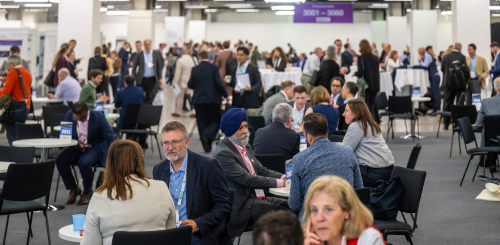 One-on-one meetings at the numbered tables of the partnering hall at the Swiss Biotech Day 2026