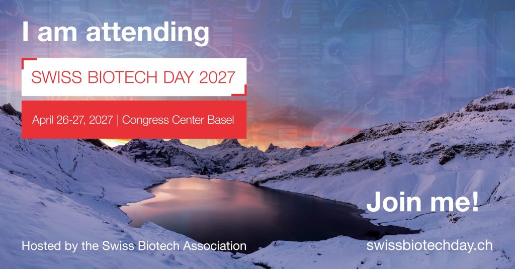 LinkedIn post image for a delegate: “I am attending Swiss Biotech Day 2027”, April 26-27, 2027 | Congress Center Basel, “Join me!”