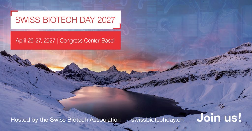 Panel discussion banner: Swiss Biotech Day 2027, April 26-27, 2027 | Congress Center Basel, “Join us!”